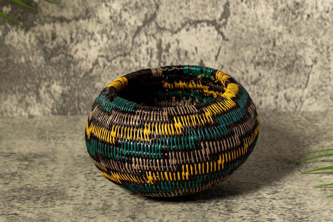Green Gold And Gray Swirl Woven Basket With Top