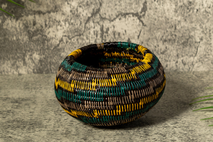 Green Gold And Gray Swirl Woven Basket With Top