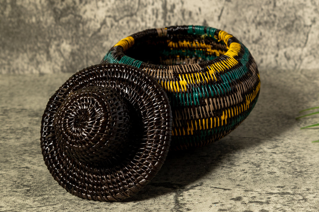 Green Gold And Gray Swirl Woven Basket With Top