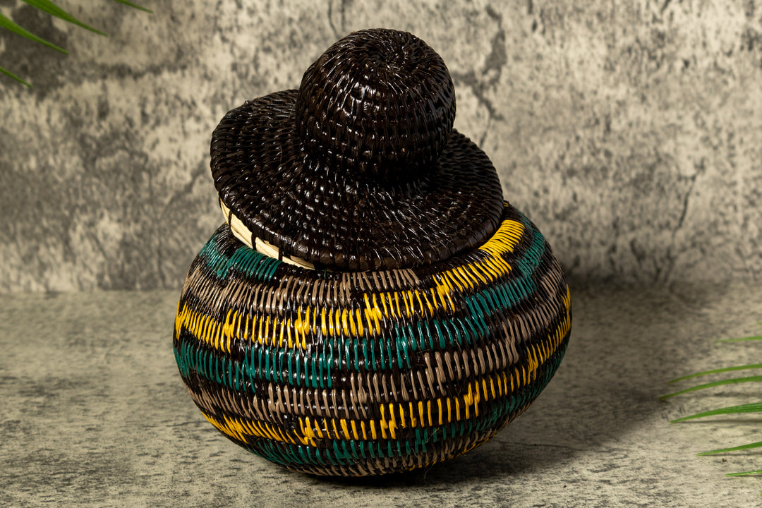 Green Gold And Gray Swirl Woven Basket With Top
