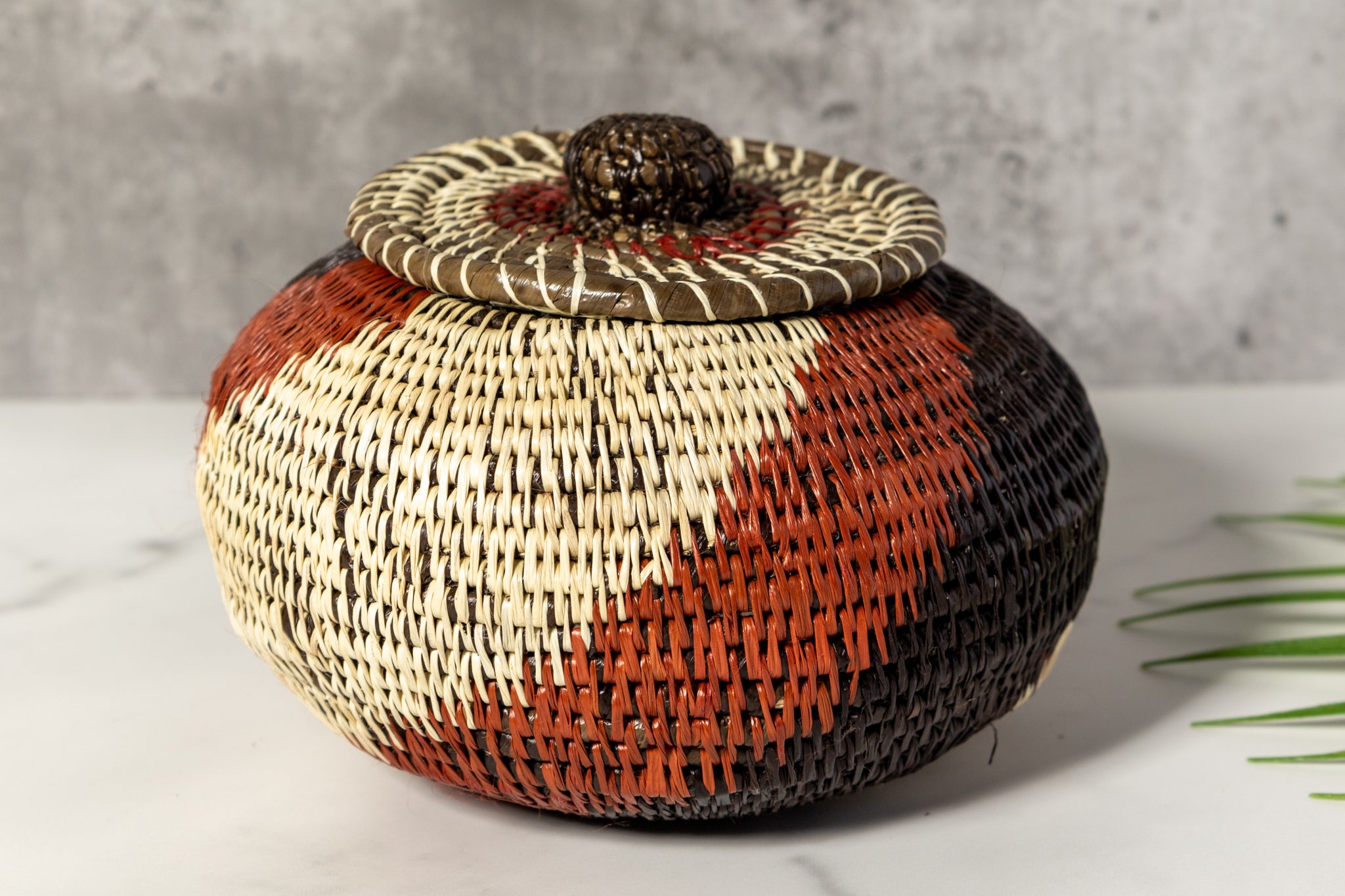 Brown White And Black Woven Basket With Top