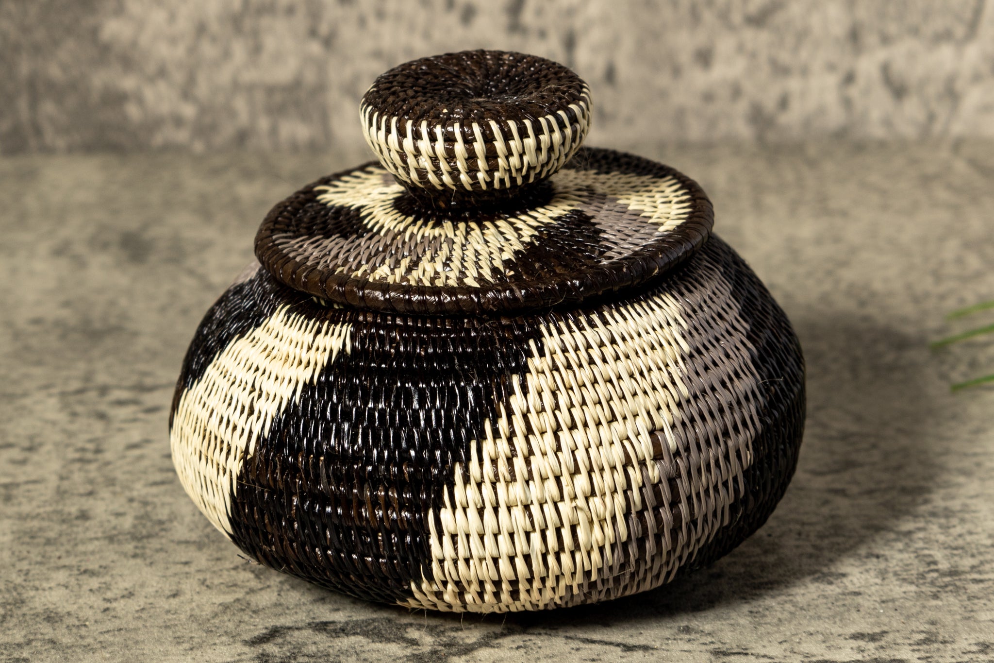 Black White And Gray Woven Basket With Top