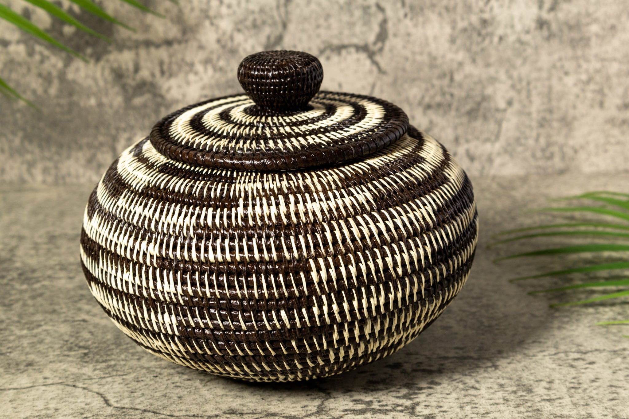 Black And White Tropical Enigma Woven Basket With Top