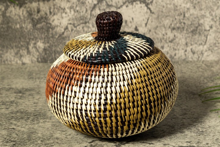 Green White And Brown Swirl Woven Basket With Top