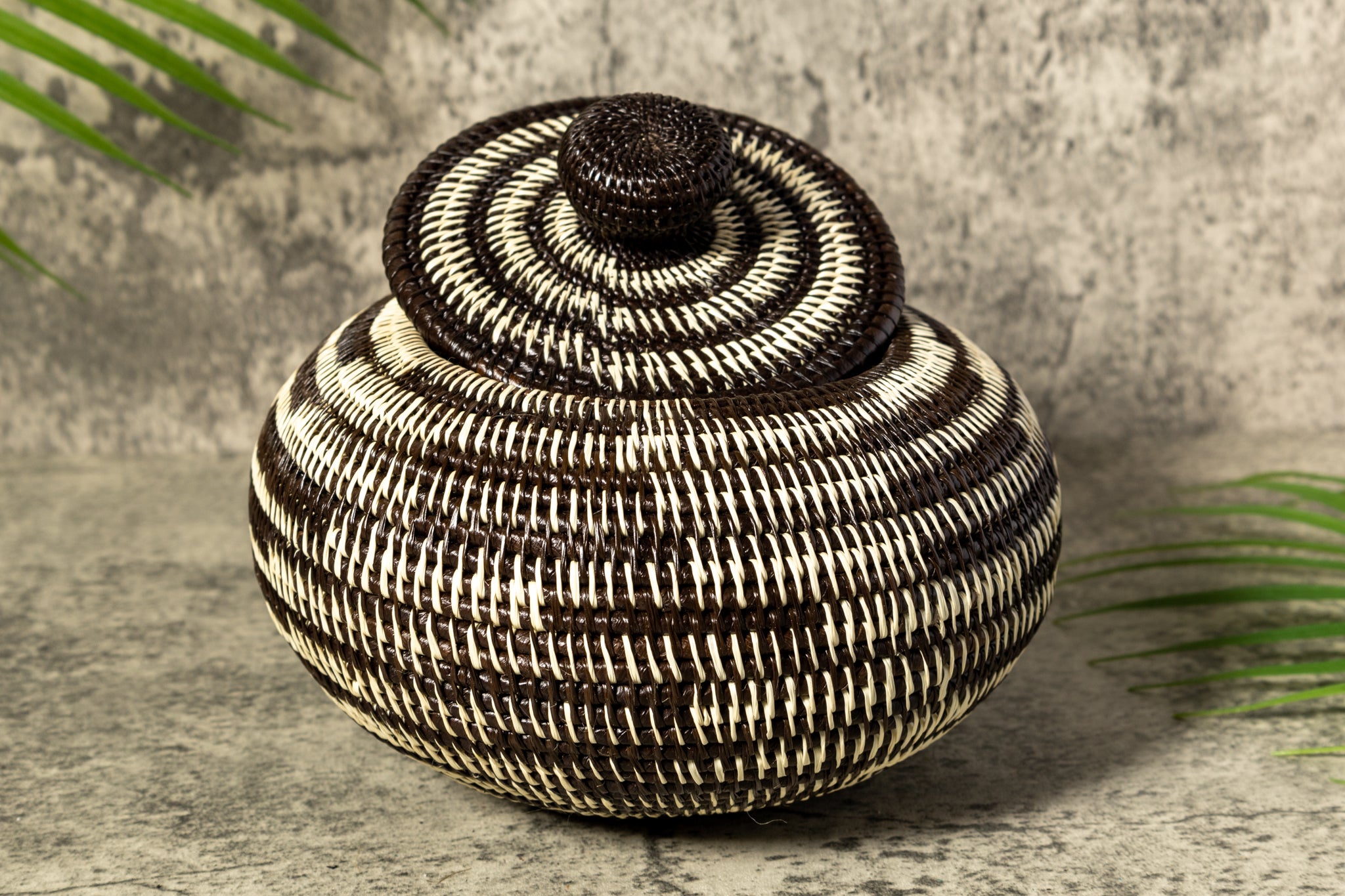 Black And White Tropical Enigma Woven Basket With Top