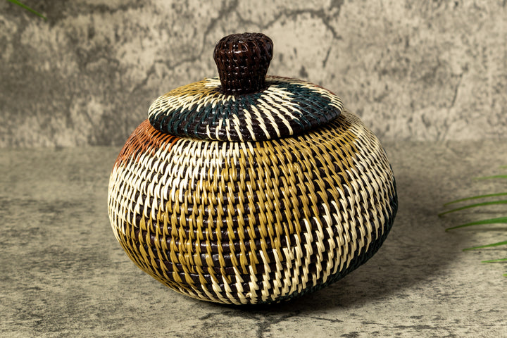 Green White And Brown Swirl Woven Basket With Top