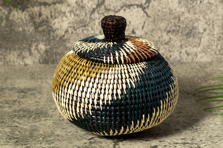 Green White And Brown Swirl Woven Basket With Top