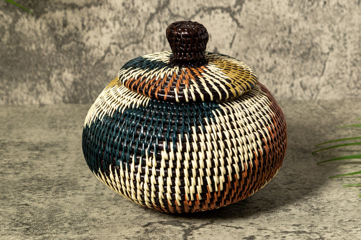 Green White And Brown Swirl Woven Basket With Top
