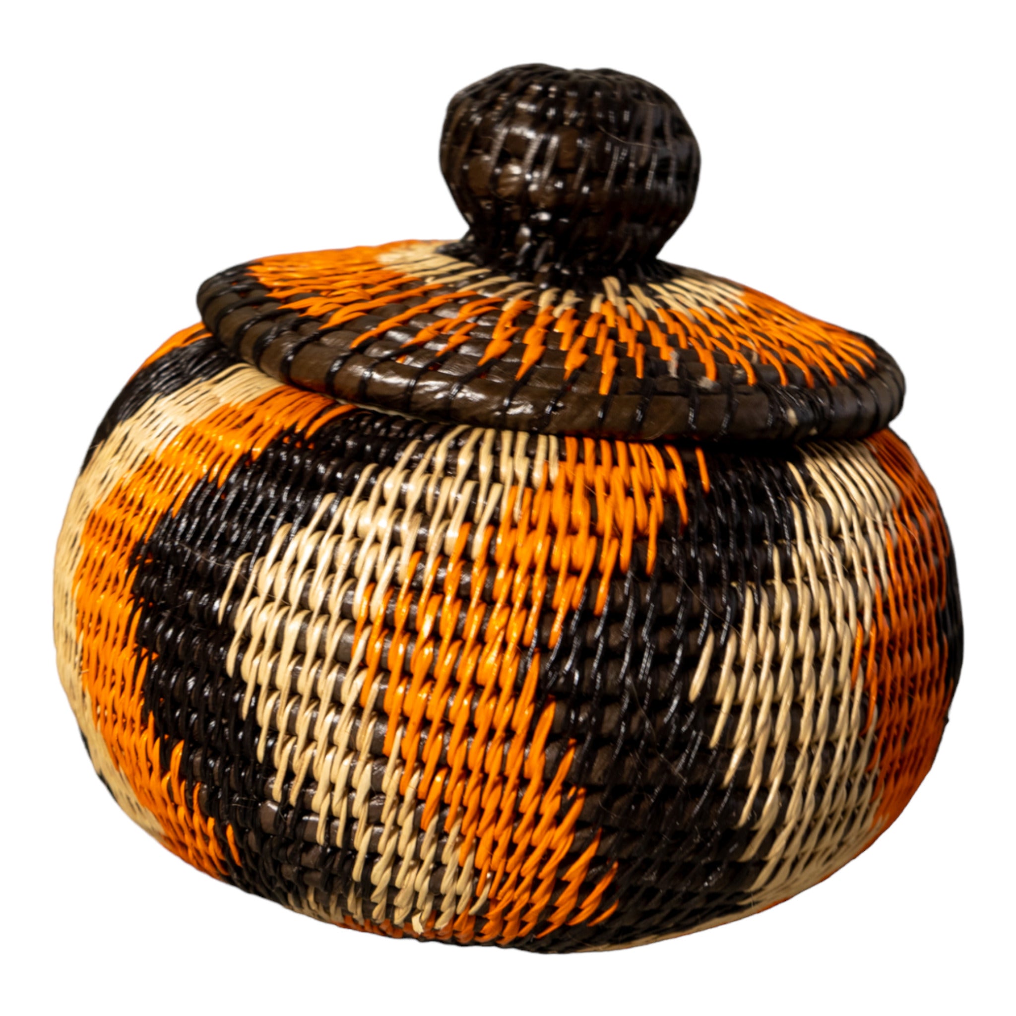 Orange Black And Gray Swirl Woven Basket With Top