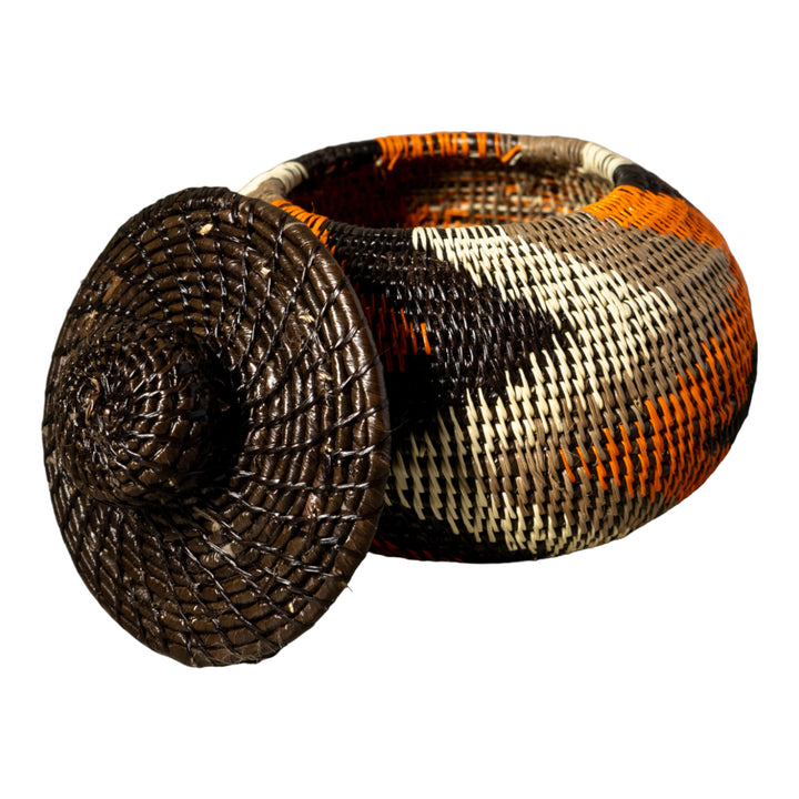 Orange Black Gray Swirl Woven Basket With Top
