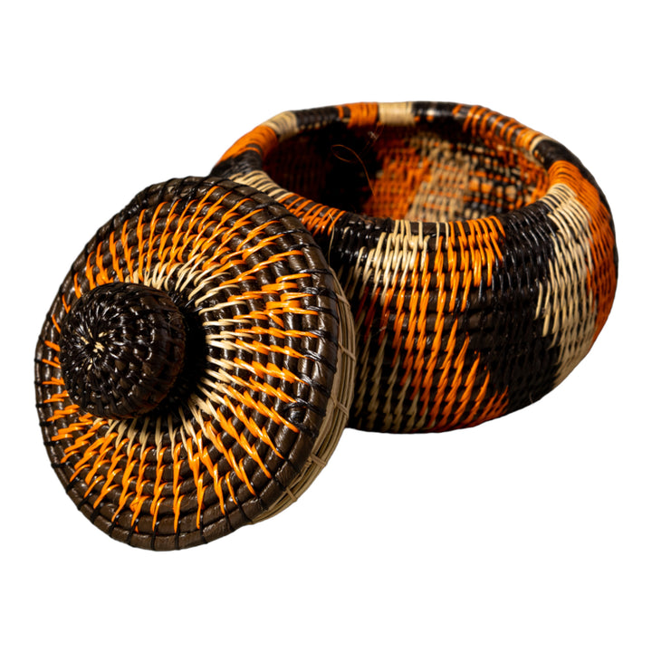 Orange Black And Gray Swirl Woven Basket With Top