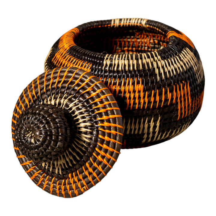 Orange Brown And Gray Woven Basket With Top