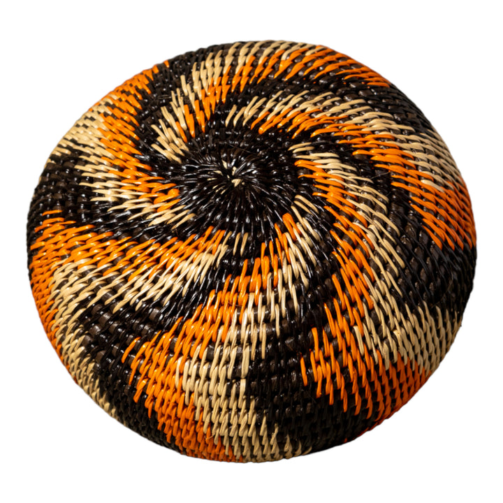 Orange Black And Gray Swirl Woven Basket With Top