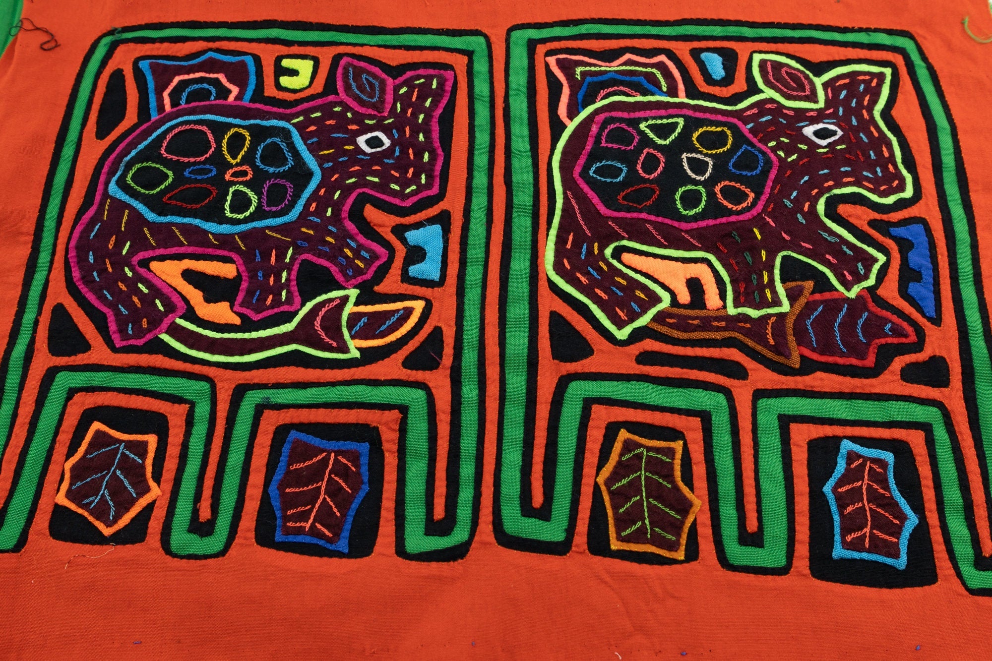 Hand Stitched Panama Puppy Dog Mola Textile art, Latin American wall art, Boho Wall Decor, Tapestry, Rainforest Decor, Geometric