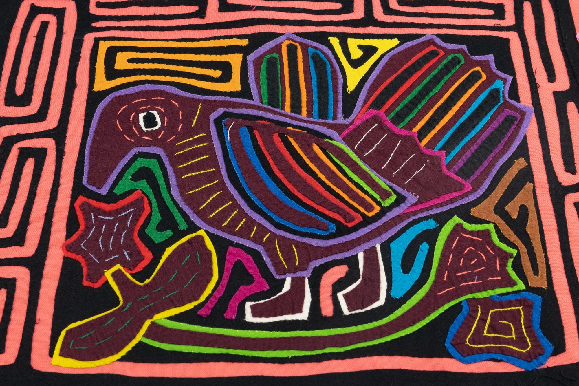 Hand Stitched Pigeon Bird Panama Mola Textile art, Latin American wall art, Boho Wall Decor, Tapestry, Rainforest Decor, Geometric