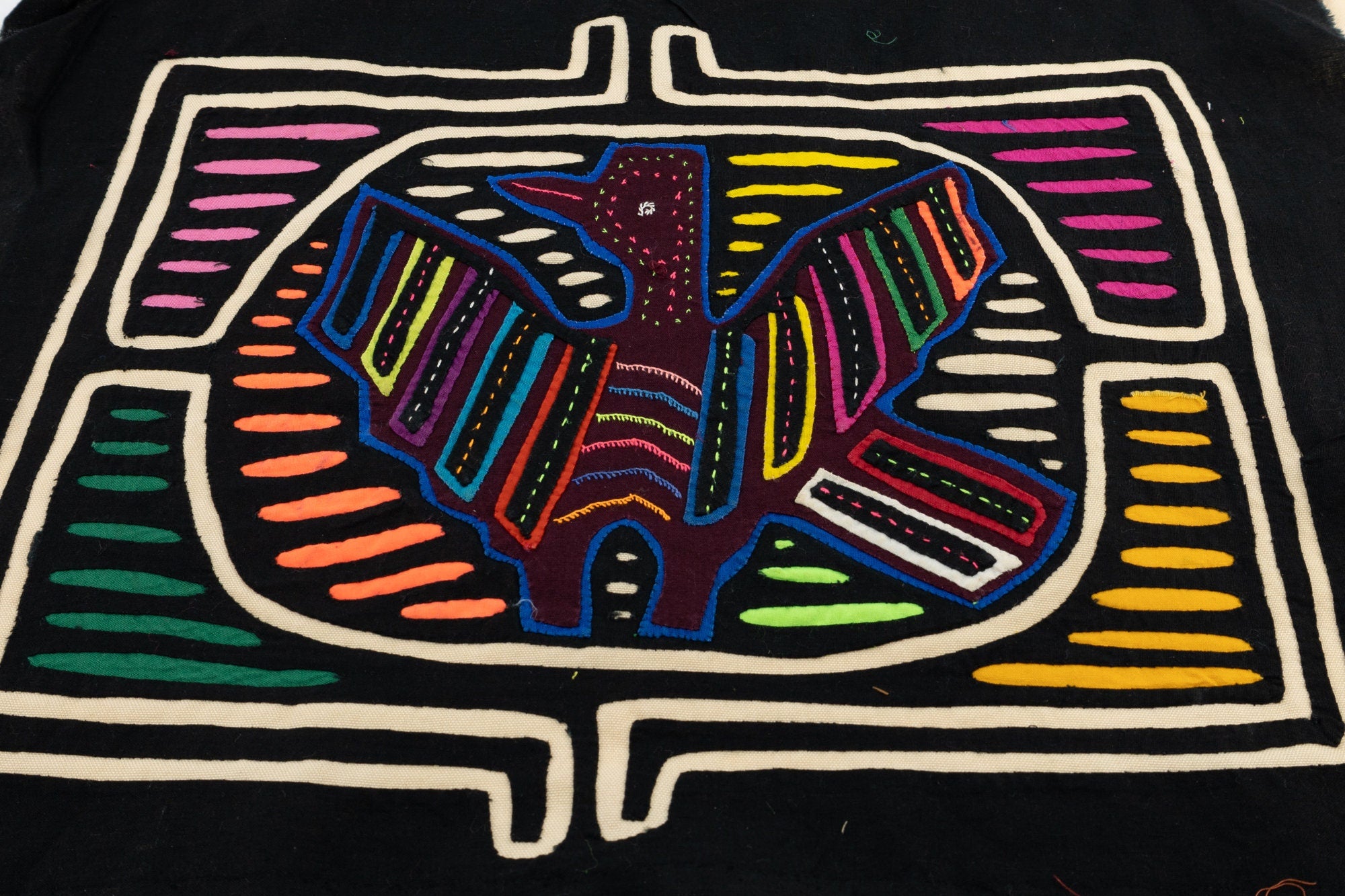 Hand Stitched Panama Mola Thunderbird Textile art, Latin American wall art, Boho Wall Decor, Tapestry, Rainforest Decor, Geometric