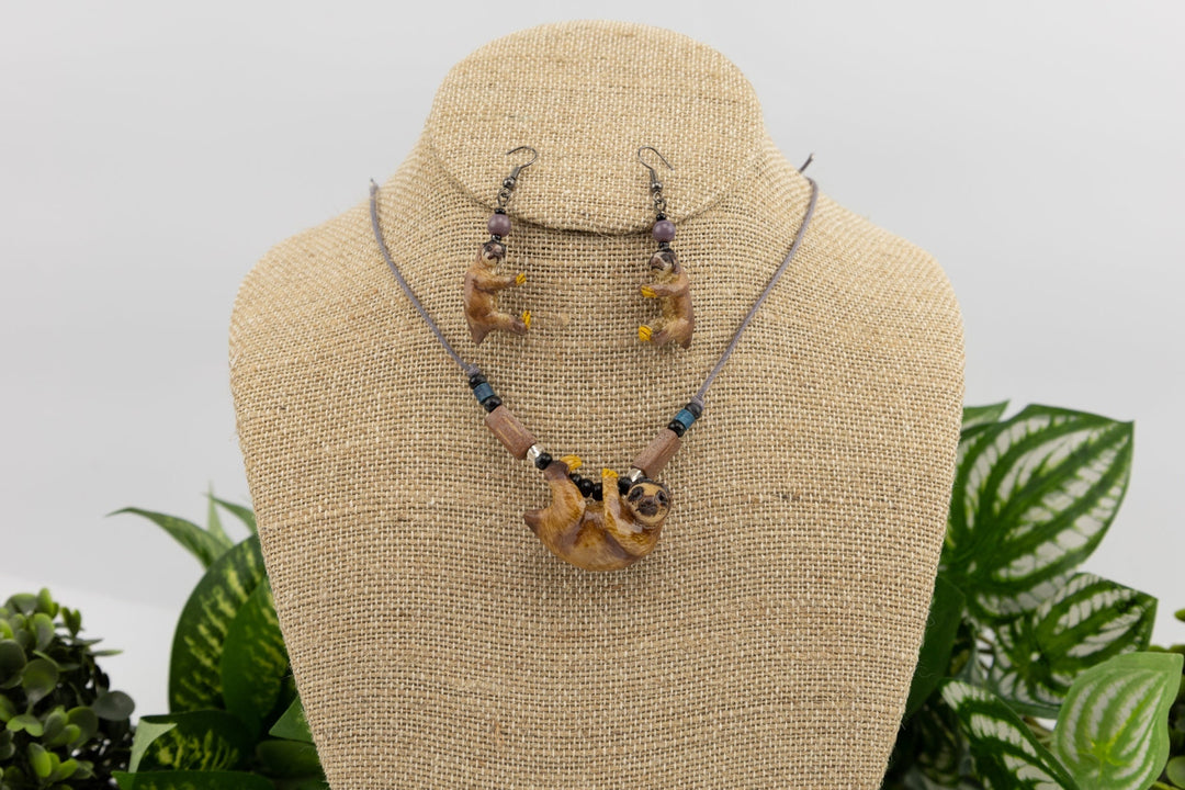 Hand Carved Sloth Necklace and Earrings Panama