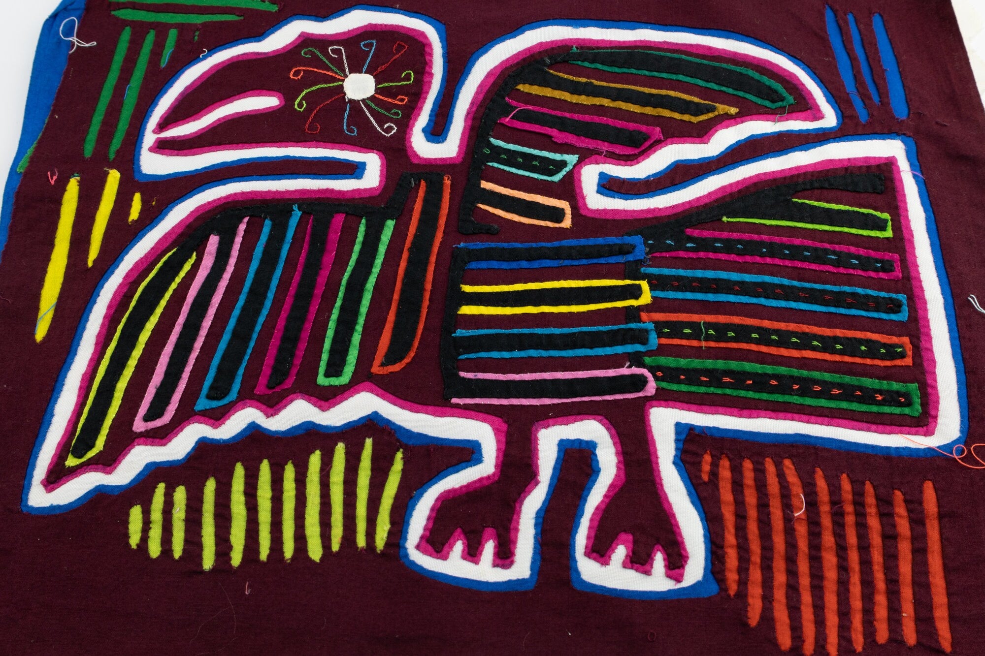 Hand Stitched Panama Mola Pelican Bird Textile art, Latin American wall art, Boho Wall Decor, Tapestry, Rainforest Decor, Geometric