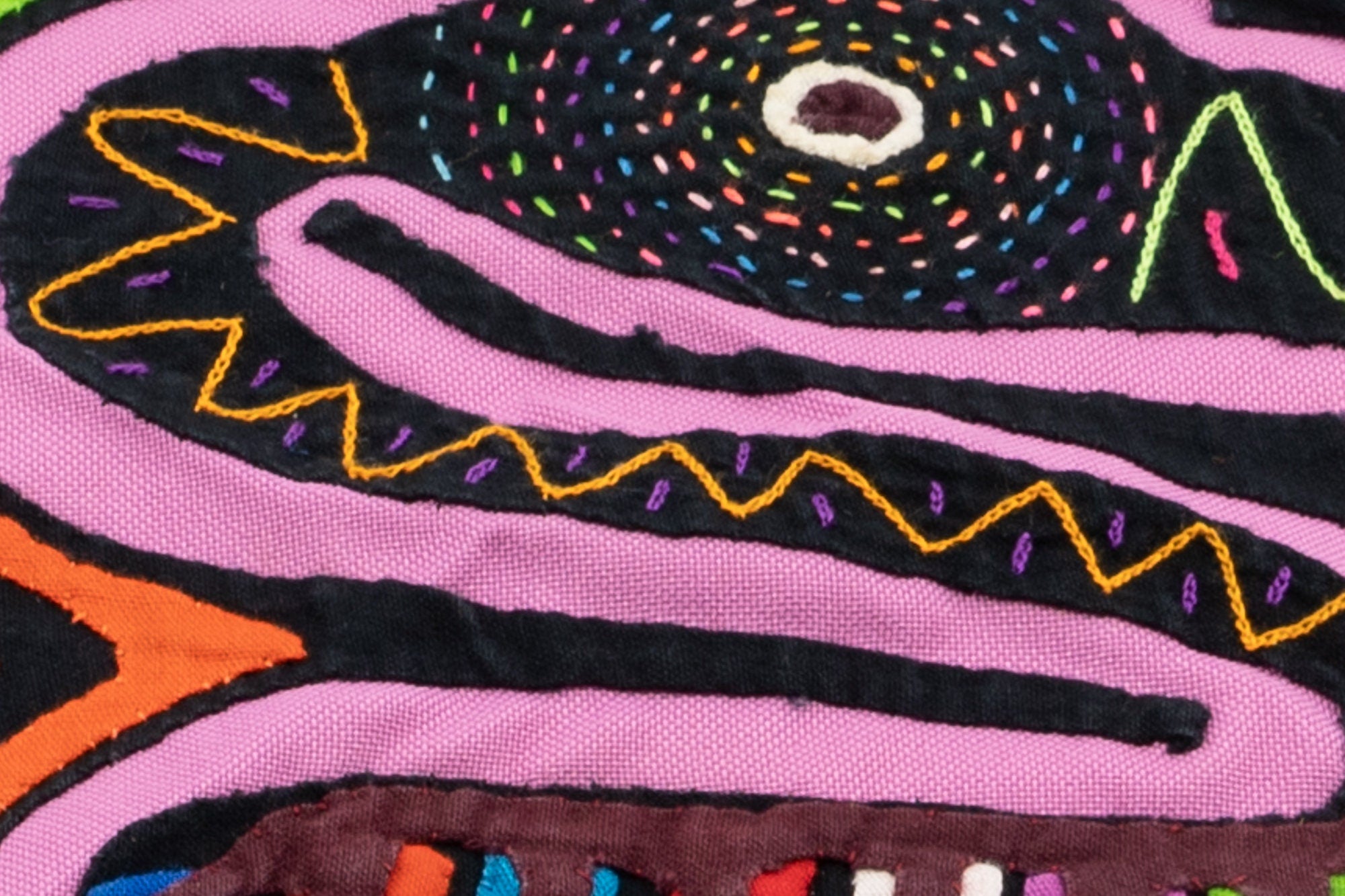 Hand Stitch Purple People Eater Panama Mola Textile art, Latin American wall art, Boho Wall Decor, Tapestry, Rainforest Decor, Geometric