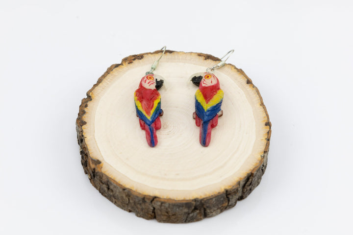 Hand Carved Macaw Parrot Earrings Panama