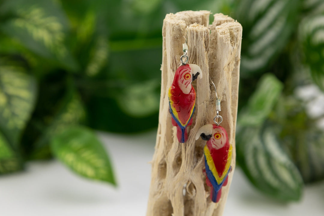 Hand Carved Macaw Parrot Earrings Panama