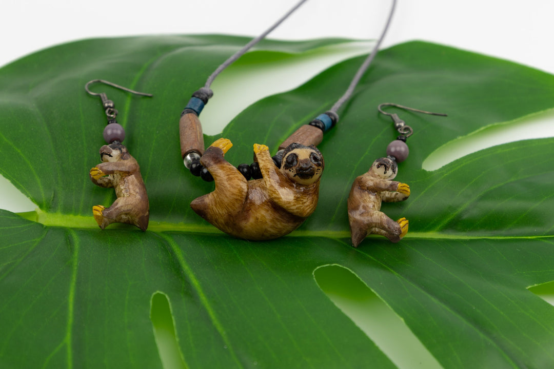 Hand Carved Sloth Necklace and Earrings Panama