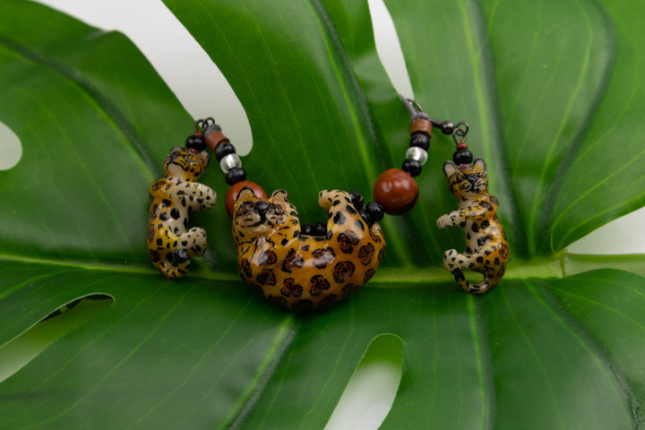 Hand Carved Jaguar Necklace and Earring Set Panama