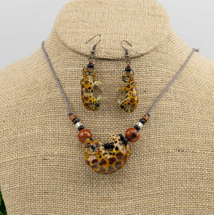 Hand Carved Jaguar Necklace and Earring Set Panama