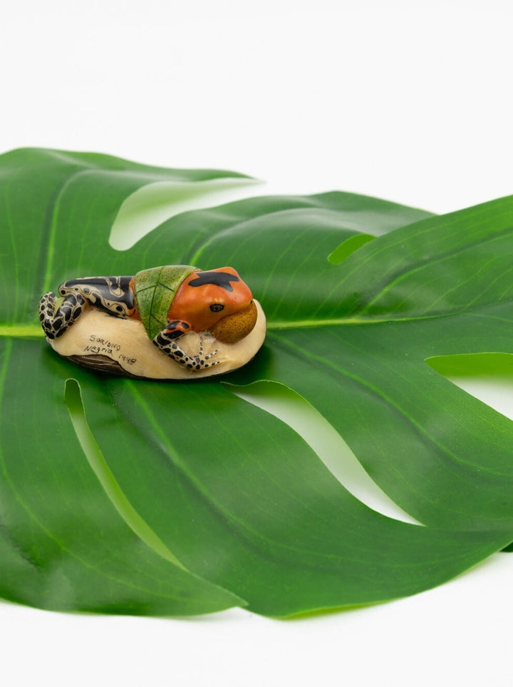 Hand Carved Blow throat Poison Dart Frog Tagua Nut Made By Wounaan And Emberá Panama Indians. Animal Statue, Carving Miniature, Figurine